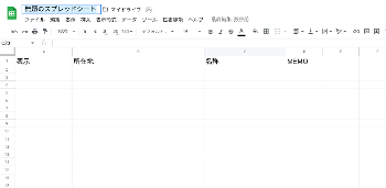 title :『 【マイマップの作り方】スマートに観光地で移動するには？ 』画像説明文 :作成されたgooglesheetに先ず名前をつけましょう。ここでは「沖縄観光マップ」と付けましたが、自分で判る名前にしておきます。次に、左上から「表示」「所在地」「名称」「MEMO」と入力しておきます。