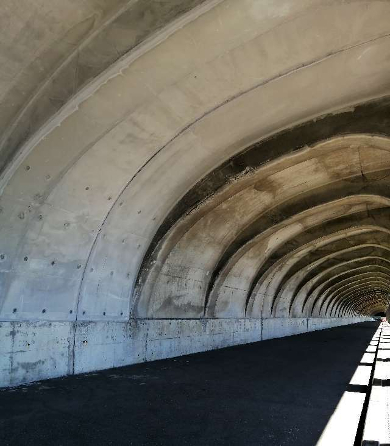 title :『 【北海道車中泊】稚内〜宗谷岬〜道の駅オホーツク紋別へ 』画像説明文 :宗谷岬のそばにある北防波堤ドーム、修復保存工事のため支柱を含めて写せなかったのがやや残念。北海道と樺太を結ぶ鉄道連絡船（稚泊連絡船）の桟橋など港湾施設の保護および、桟橋を利用する乗客の便宜のために作られたそうです。